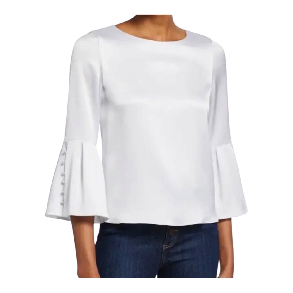 Alice + Olivia Bernice Lined White Satin Top Bell Sleeve w/ Pearl Detail Size XS